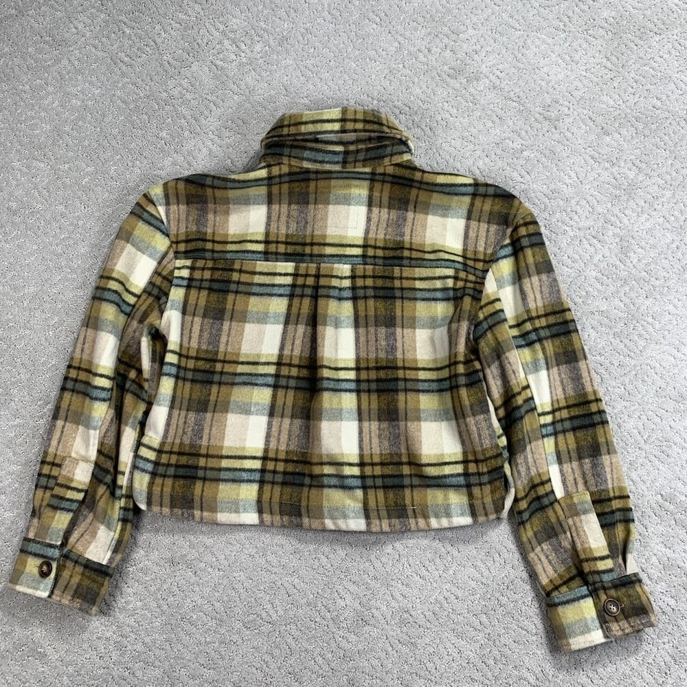 Bagatelle Plaid Cropped Shacket Womens M Button Front Jacket Olive Mustard - Picture 3 of 8